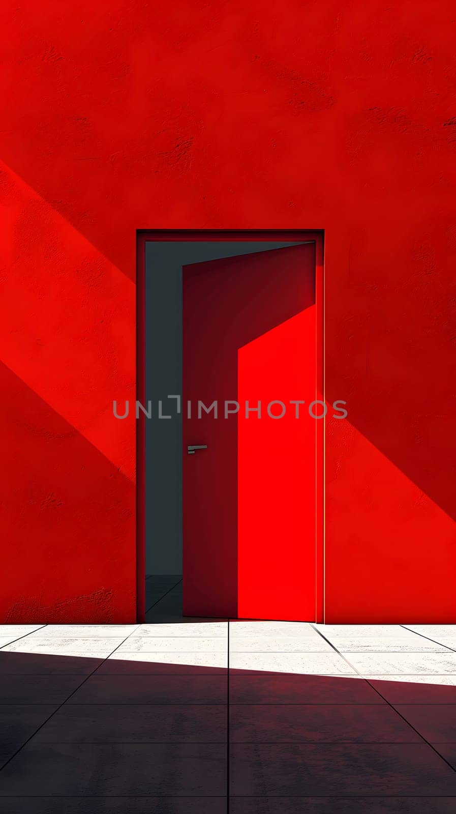 A red rectangle door framed in wood is open against a vibrant magenta wall by Nadtochiy