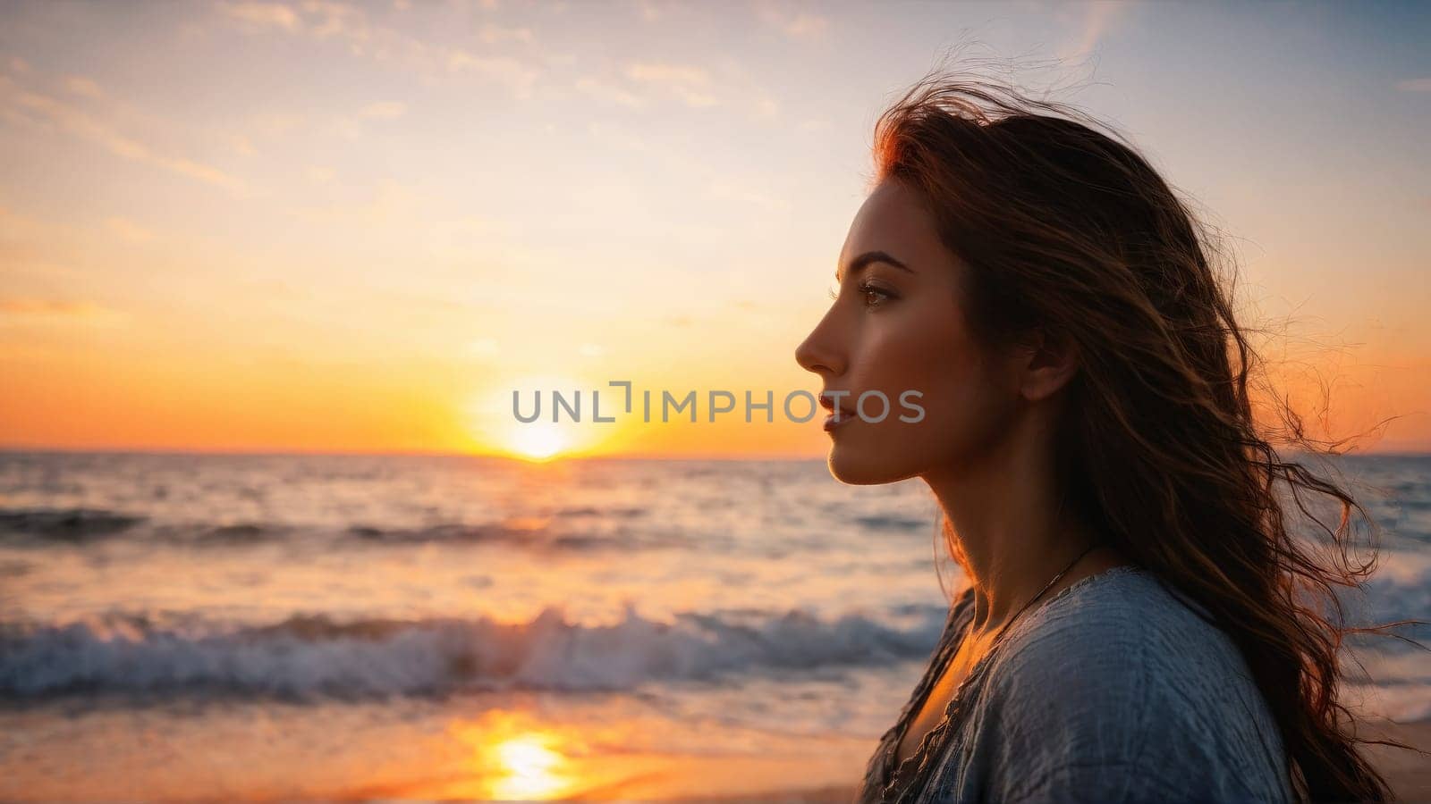 Peaceful woman watching a stunning sunset sky ablaze ocean reflecting nature s spectacle by panophotograph