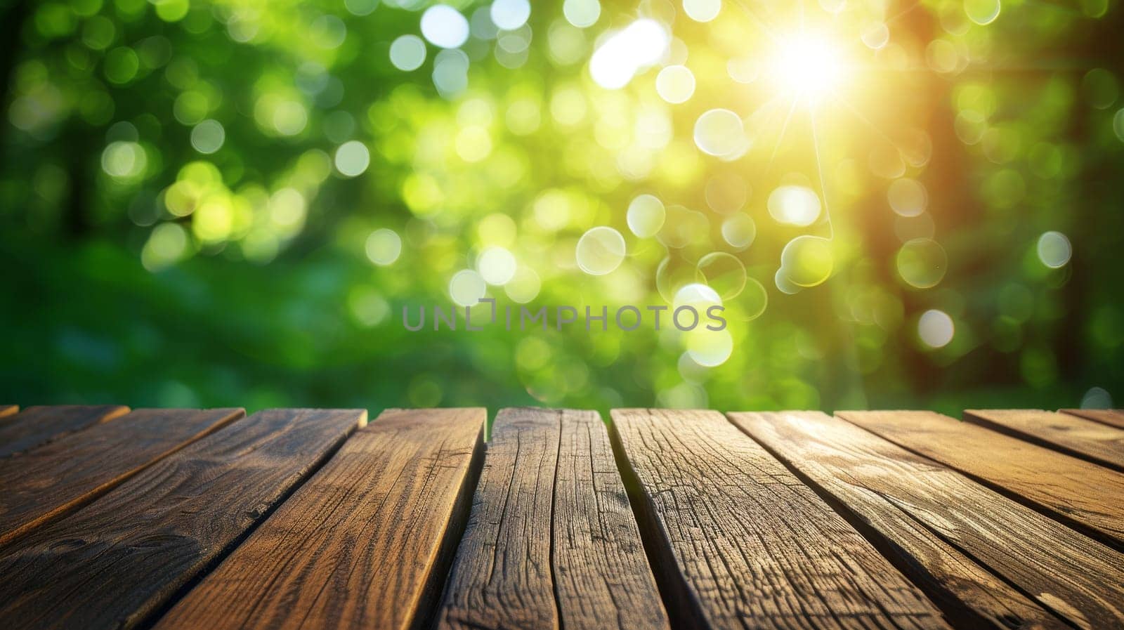Warm sunlight filtering through a lush green forest, casting a bokeh effect over a wooden surface