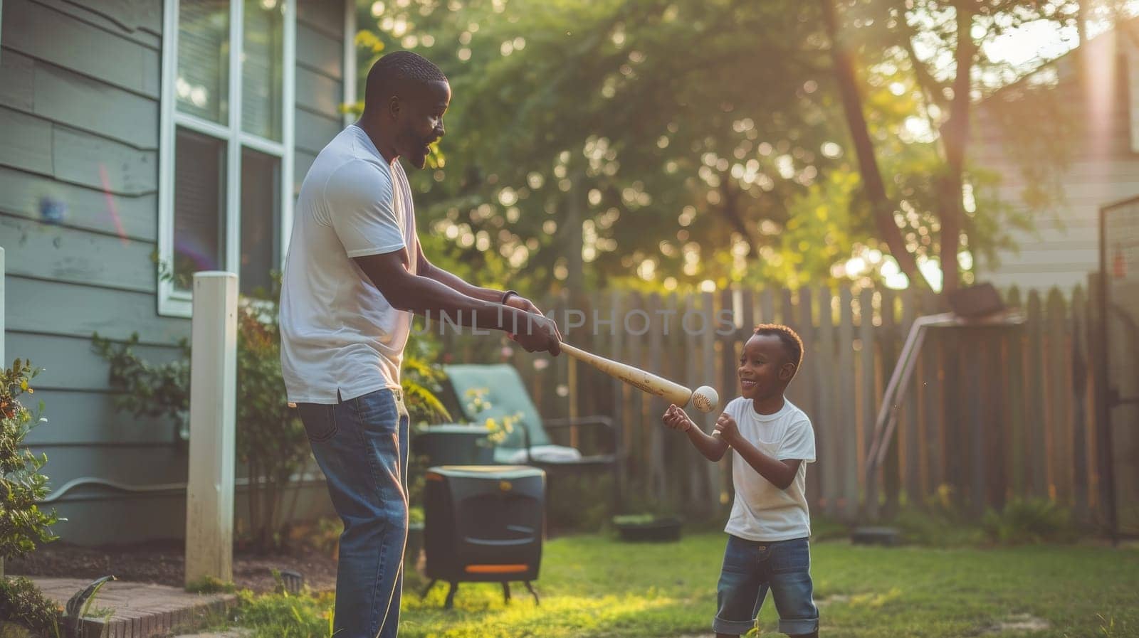 A cheerful African American father and son playing baseball in a sunny backyard