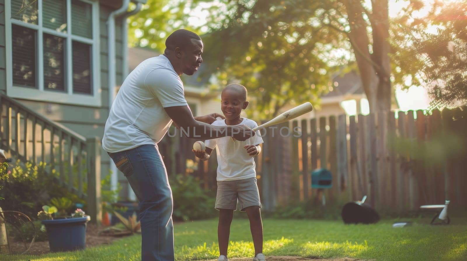 Little boy swinging a baseball bat in a sunny backyard, with an adult cheering him on. by sfinks