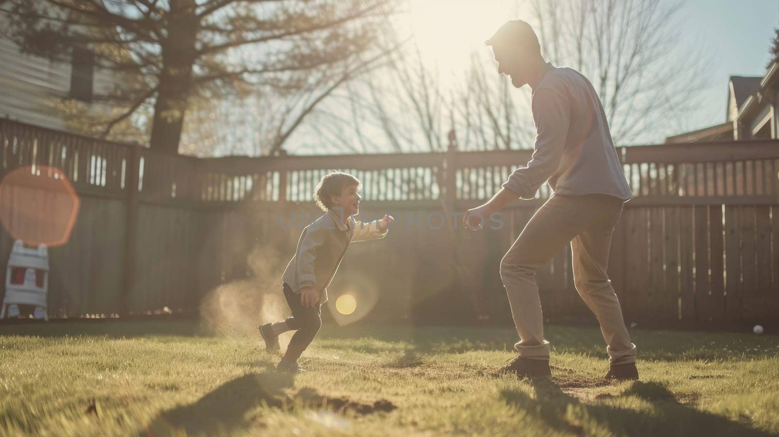 Father and son playing catch with a baseball in backyard at sunset