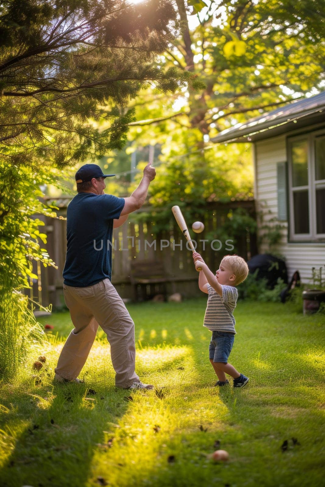 Man and child playing baseball in a backyard at sunset, with the sun casting long shadows
