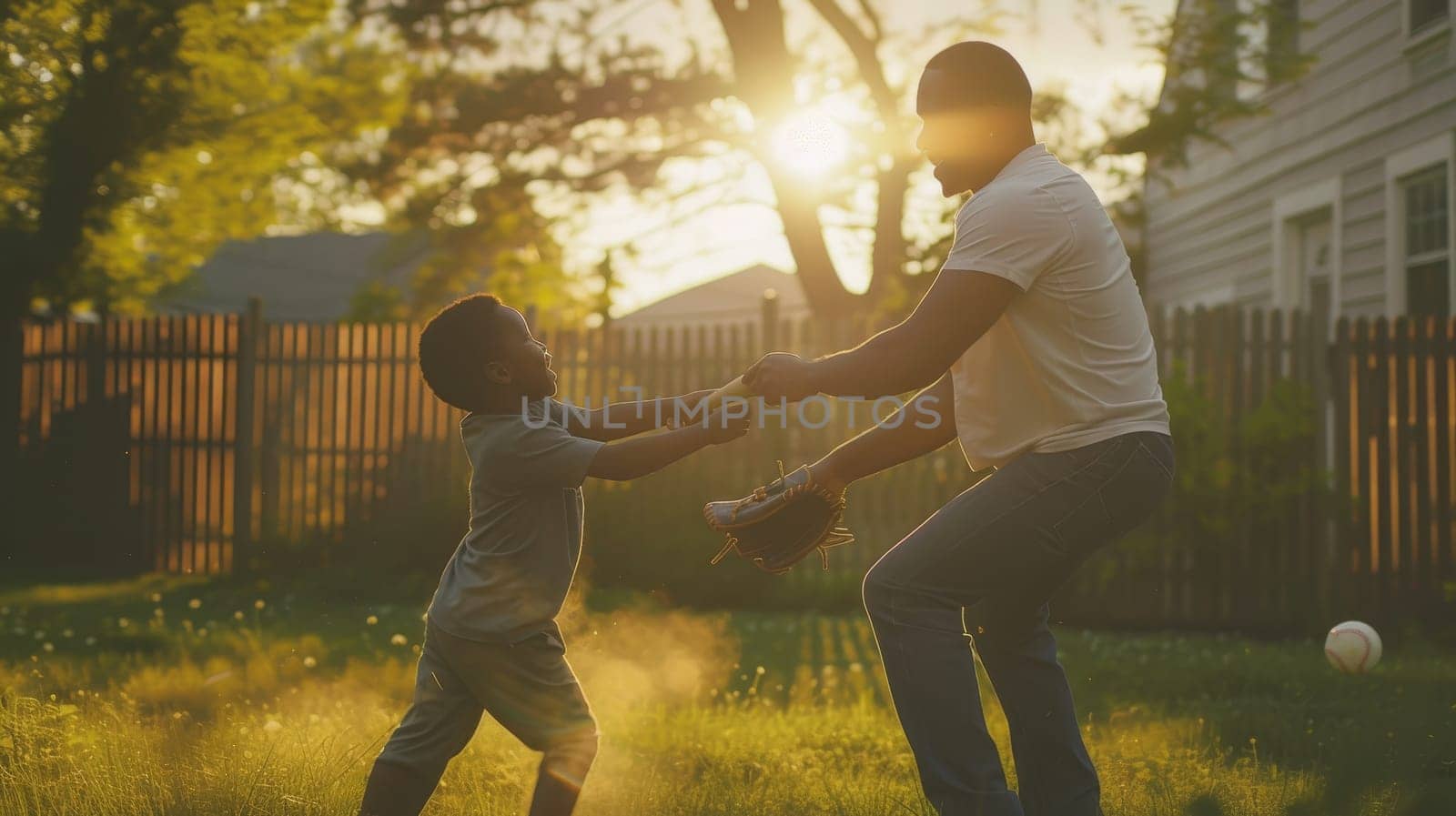 Little boy swinging a baseball bat in a sunny backyard, with an adult cheering him on