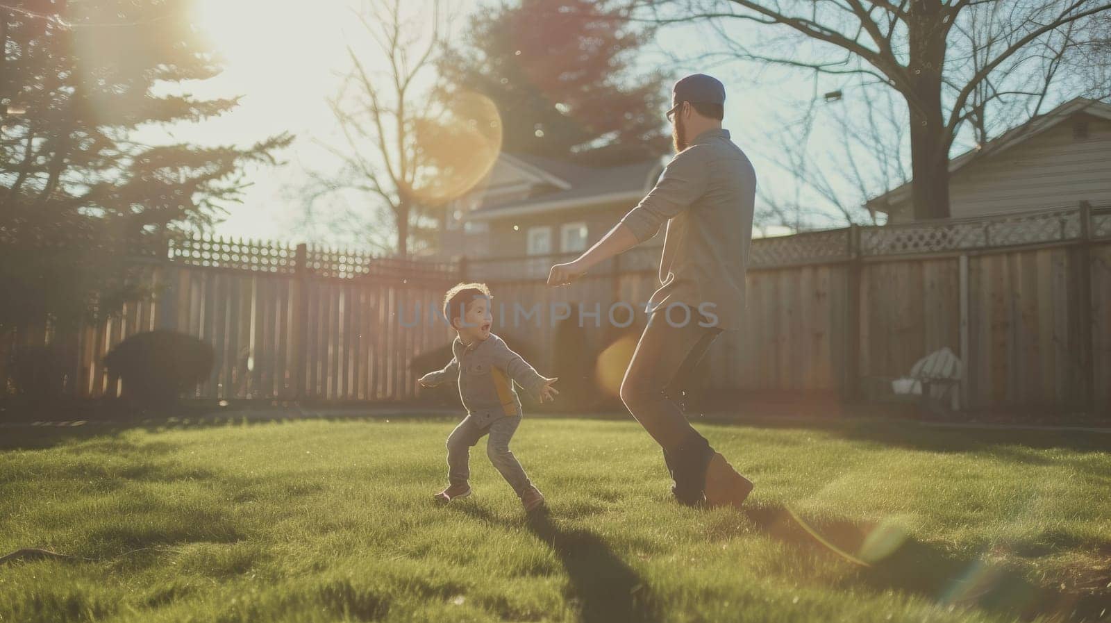 Father and son sharing a joyful moment while playing baseball in their backyard