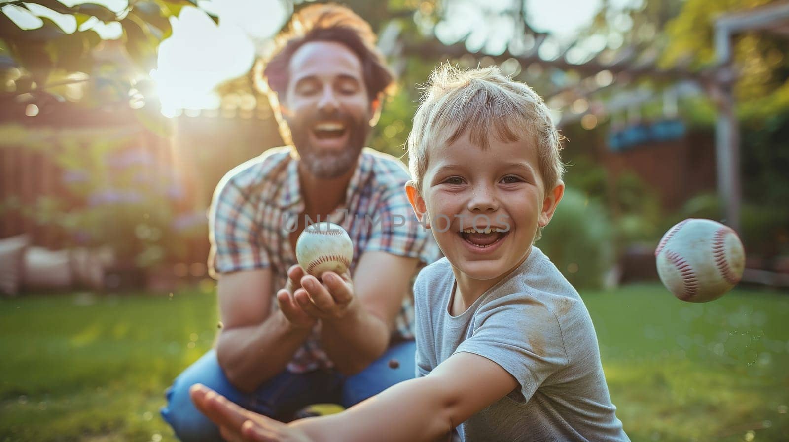 Joyful father and son playing baseball in a sunlit garden, sharing a moment of fun and bonding