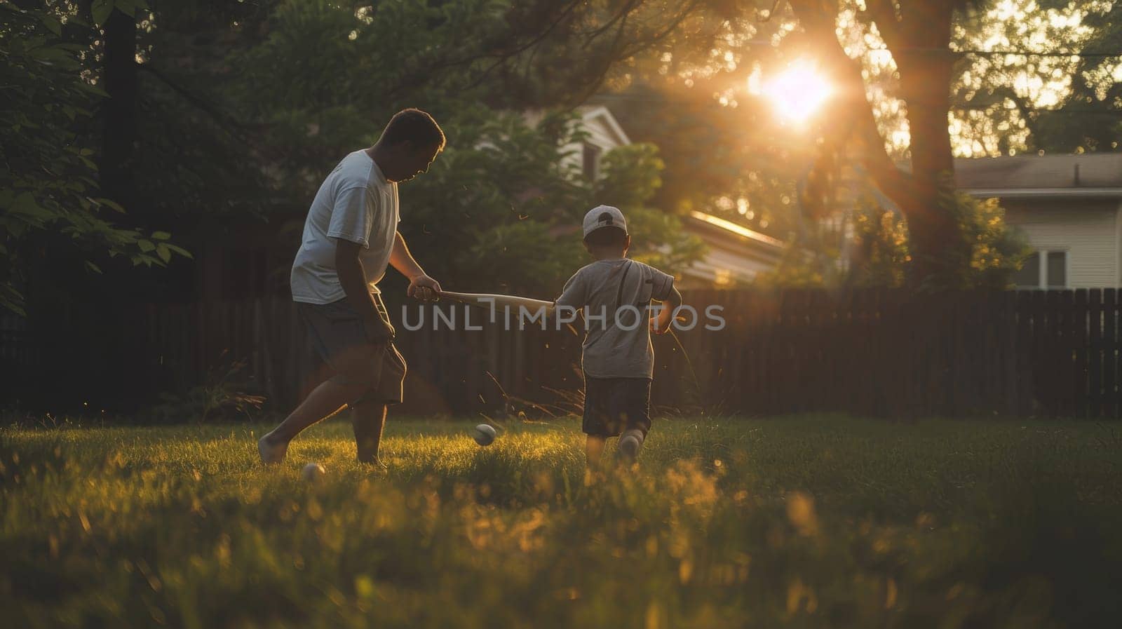 Man teaching young boy to hit baseball with bat in backyard