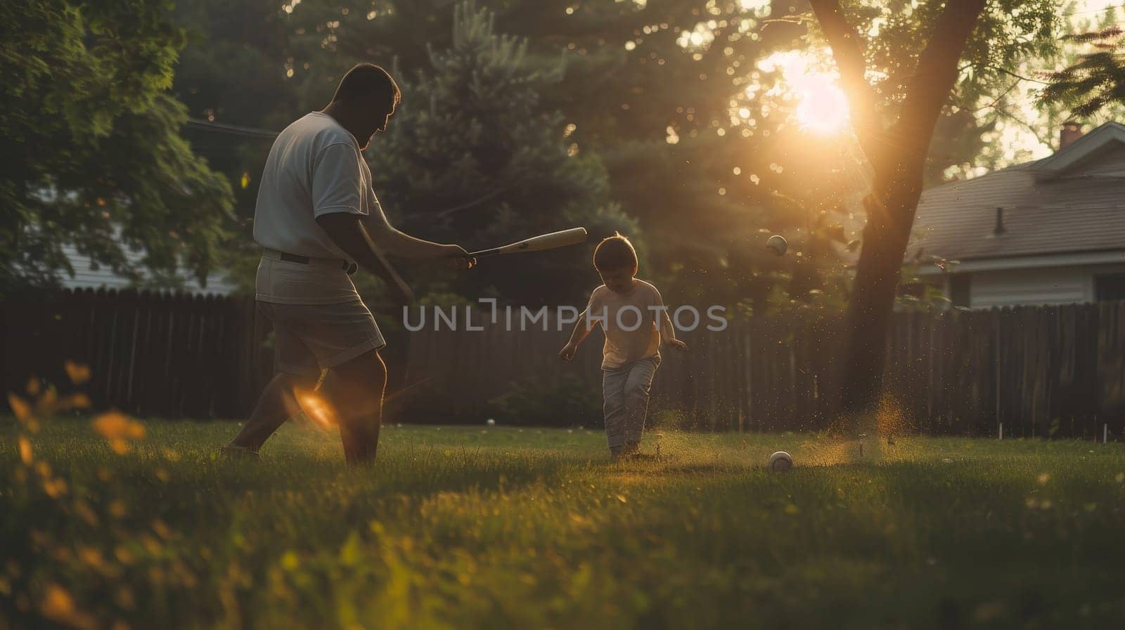 Father pitching a ball to his son in the warm light of a backyard sunset