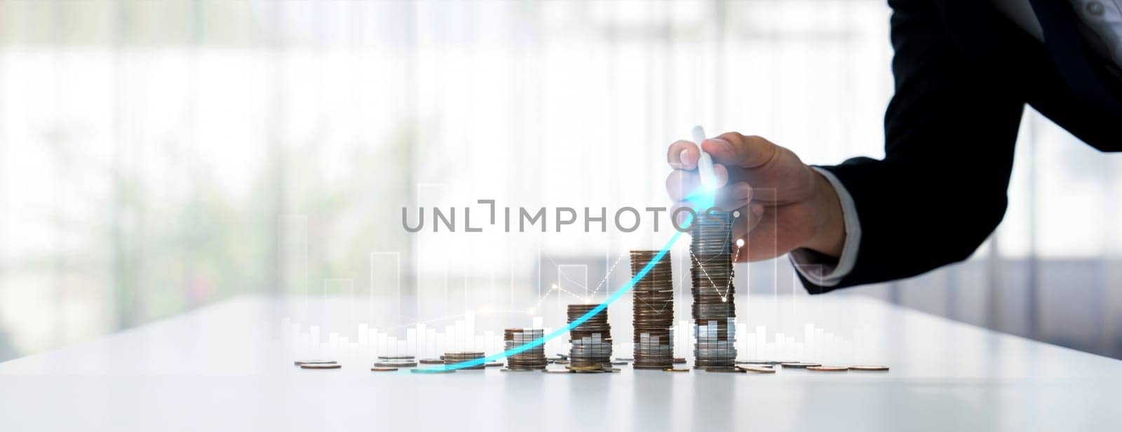 Coin stack with digital graphic indicator symbolize business investment. Shrewd by biancoblue
