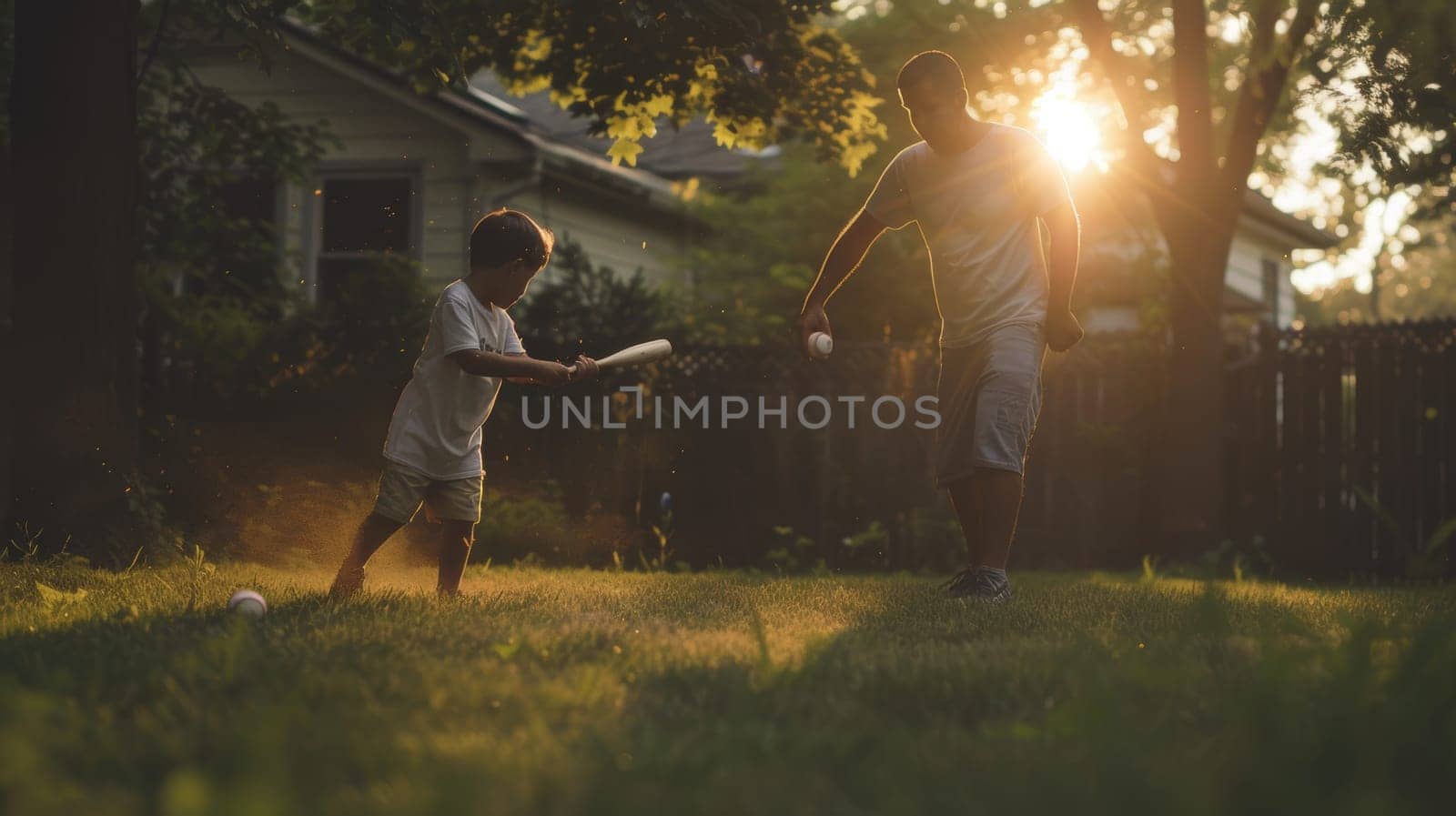 Father pitching a ball to his son in the warm light of a backyard sunset