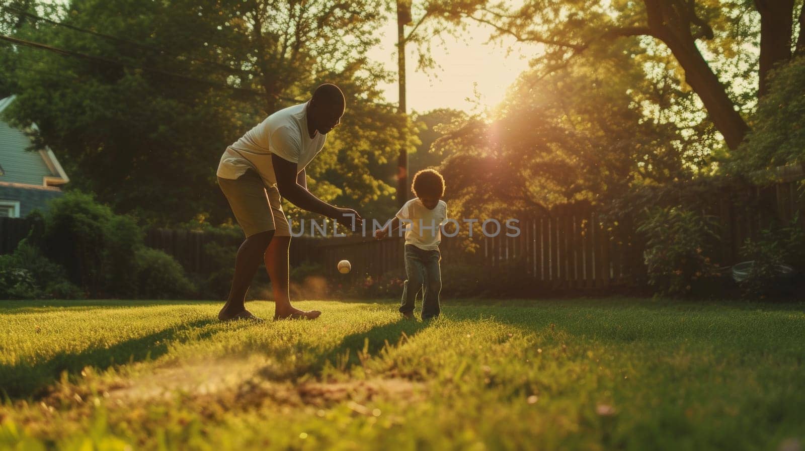 Father pitching a ball to his son in the warm light of a backyard sunset