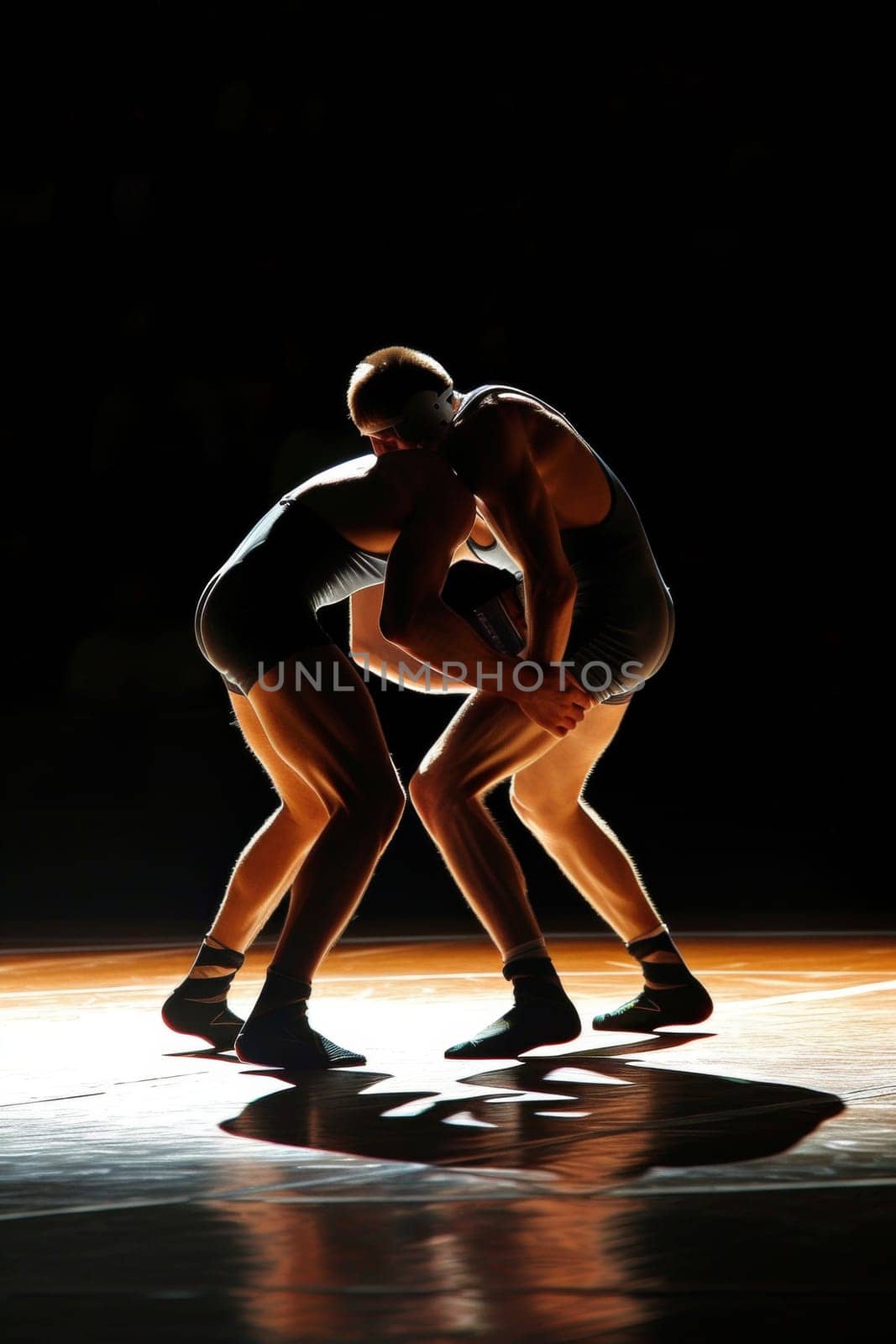 Two wrestlers in silhouette preparing to engage, spotlighted on a dark stage
