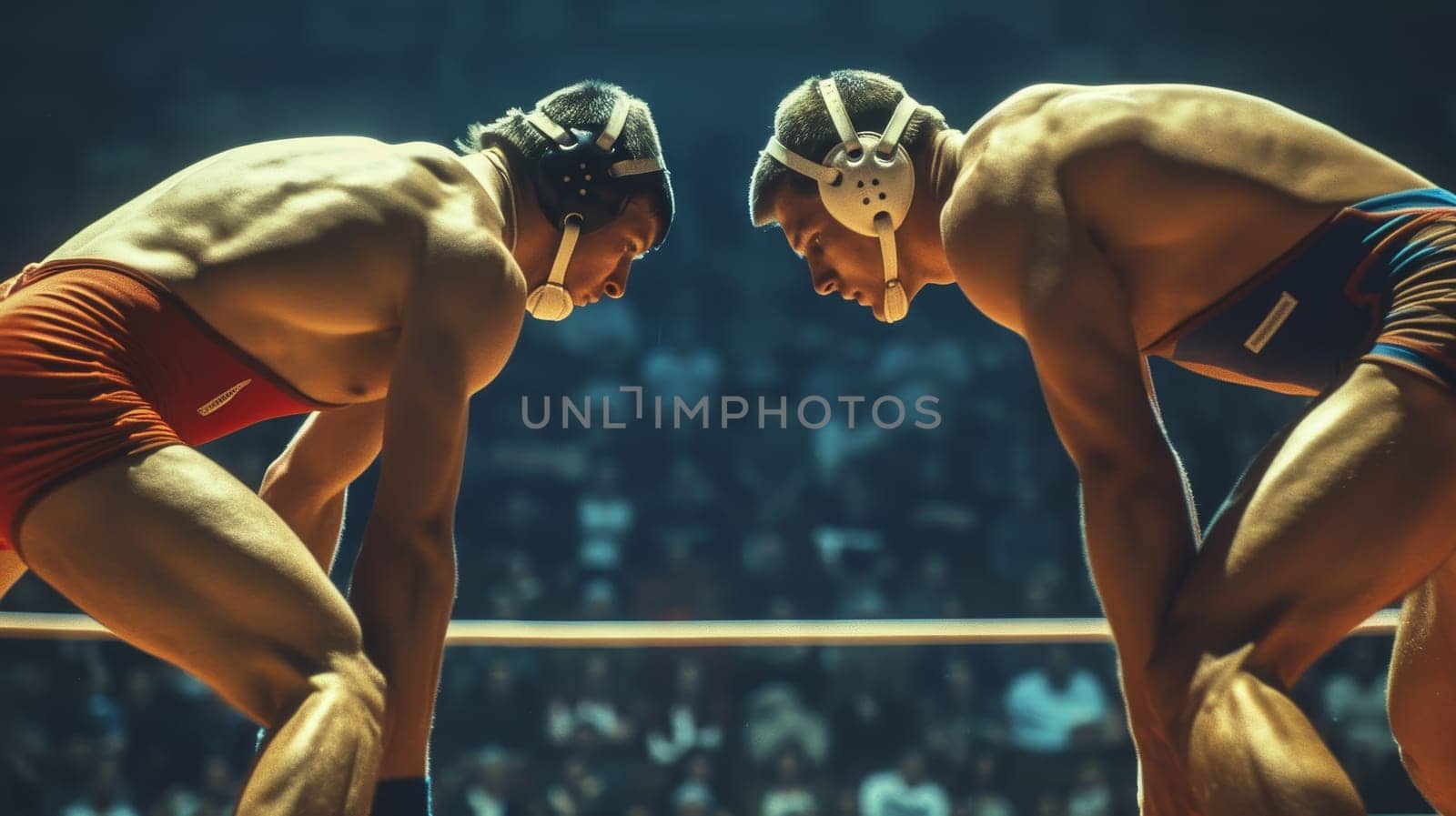 Wrestlers face off under arena lights, highlighting their physicality and the competitive atmosphere