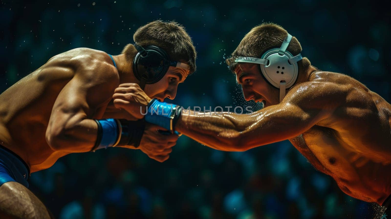 Wrestlers in mid-clash, with sweat highlighting the intensity of their battle