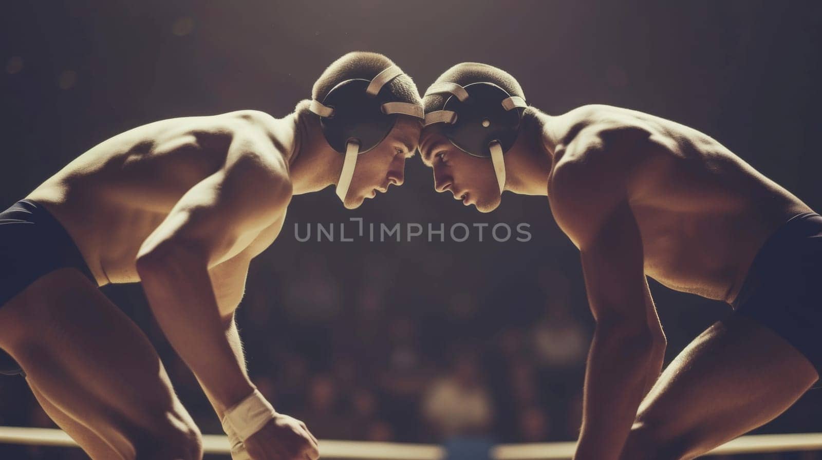 Close-up of two wrestlers in a tense moment, concentrating before the match begins