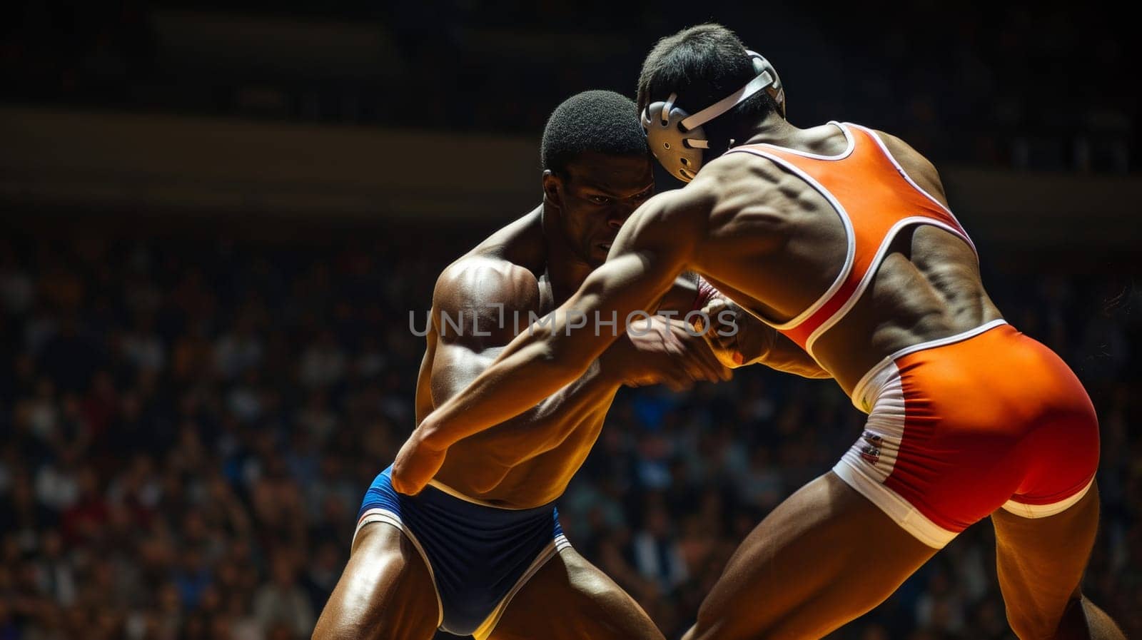 Two male wrestlers in a gripping contest, showcasing strength and skill in a crowded arena