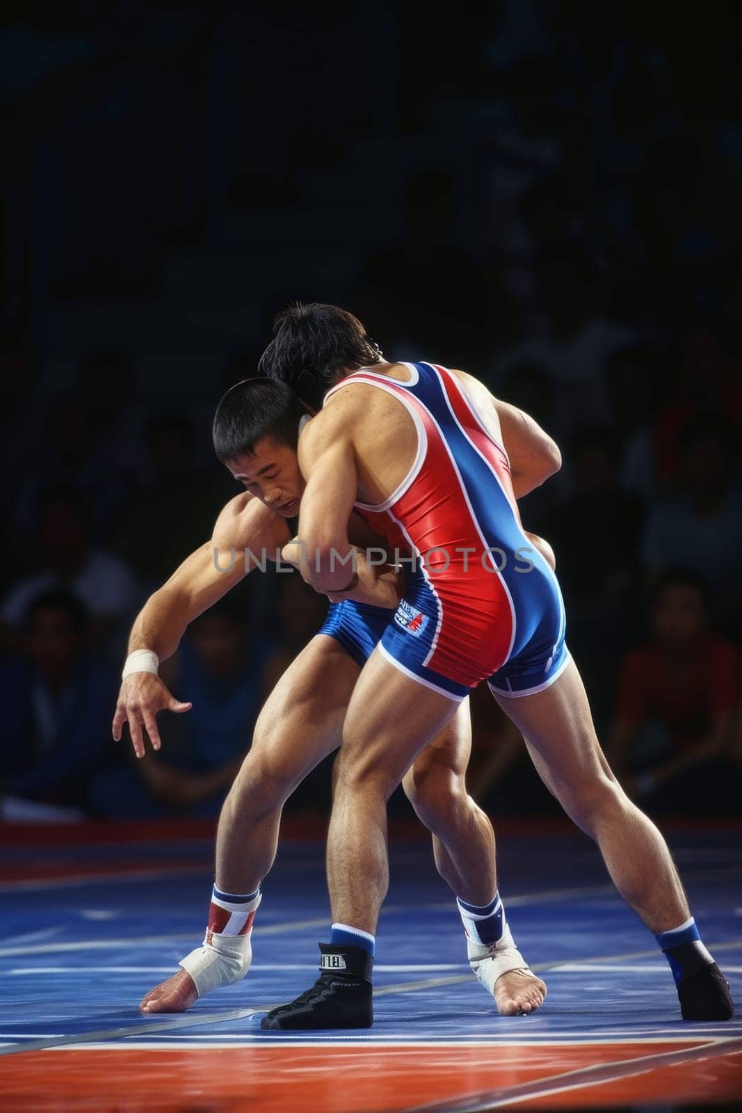 Two male wrestlers in a gripping contest, showcasing strength and skill in a crowded arena