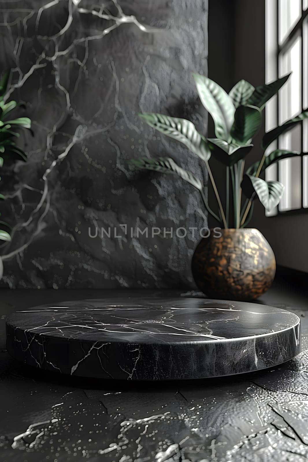 Houseplant in flowerpot on sleek black marble table by Nadtochiy