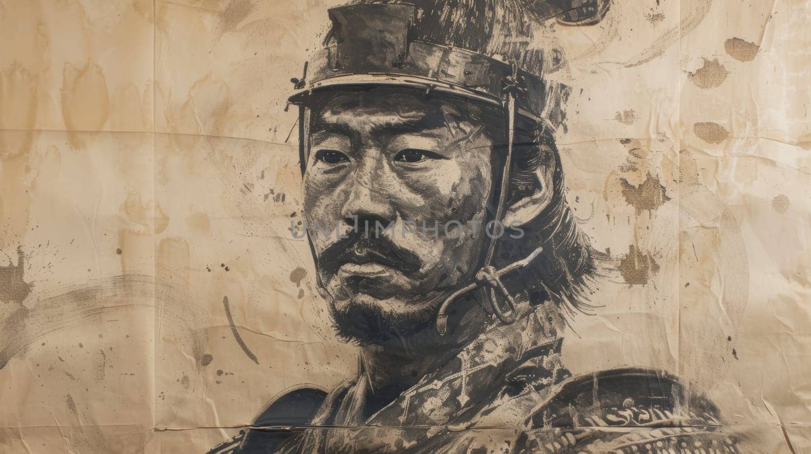 A stoic samurai depicted in worn battle garb, indicative of historical Japanese warrior culture