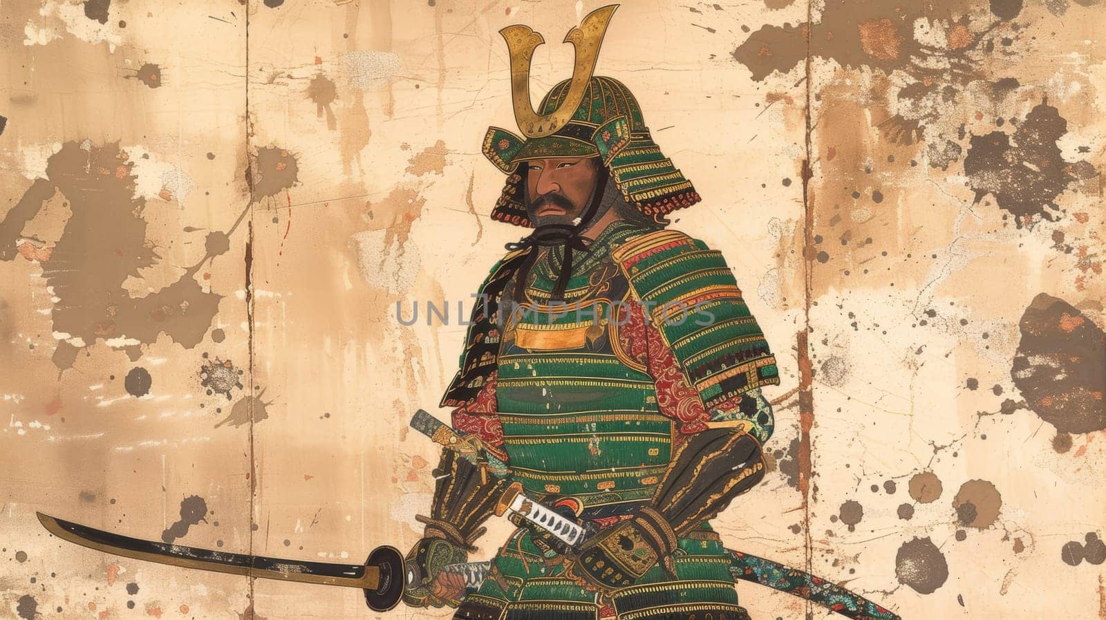 Traditional samurai in full armor, standing with a stern expression and ready for battle