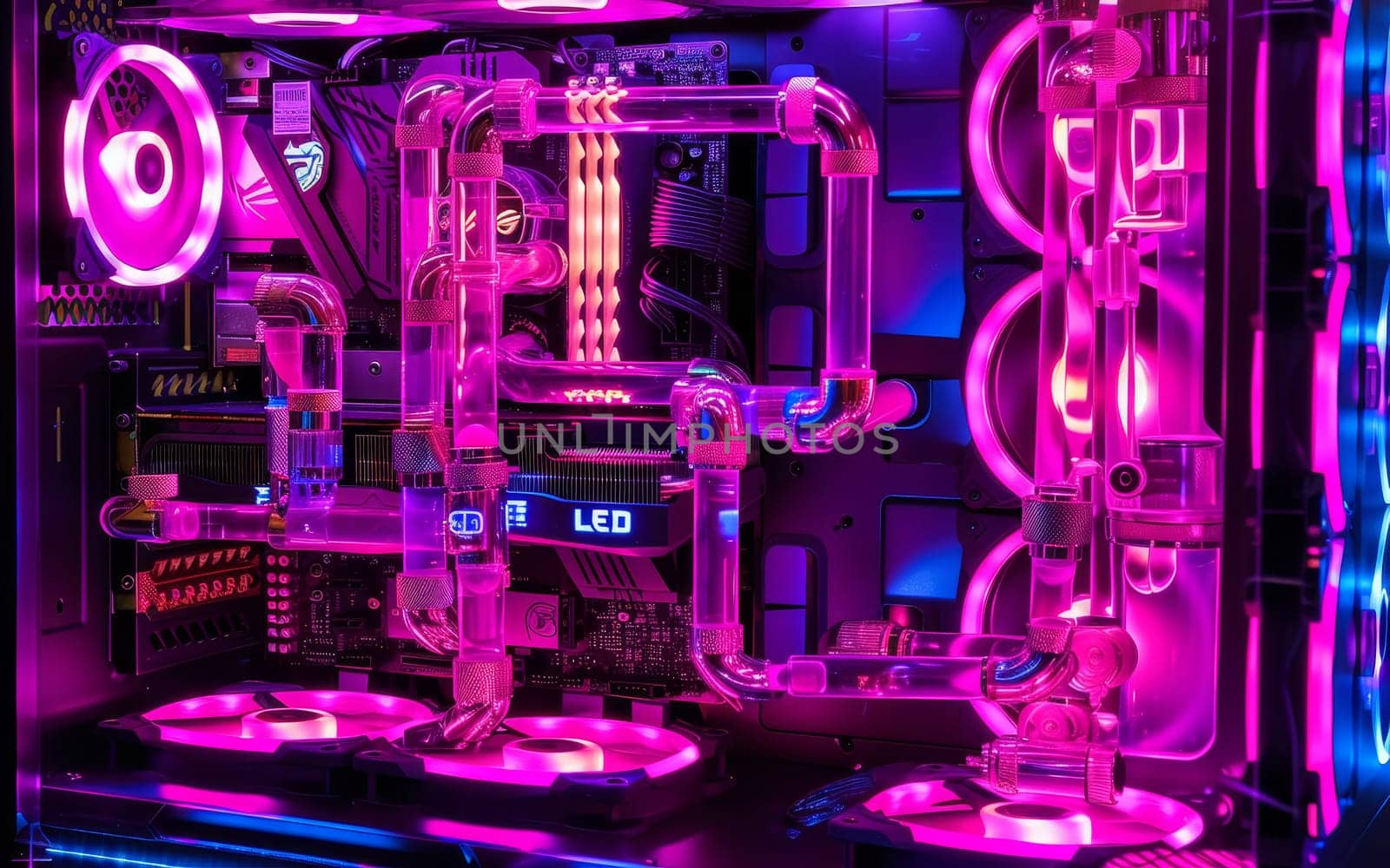 A dynamic view of a computer cooling system with vibrant pink and purple LED lights