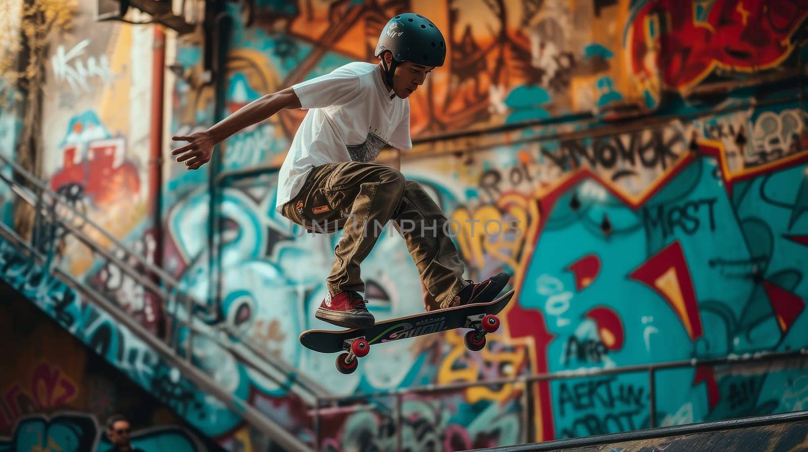 Young skateboarder performing a stunt in a graffiti-decorated skate park, embodying the spirit of street sports