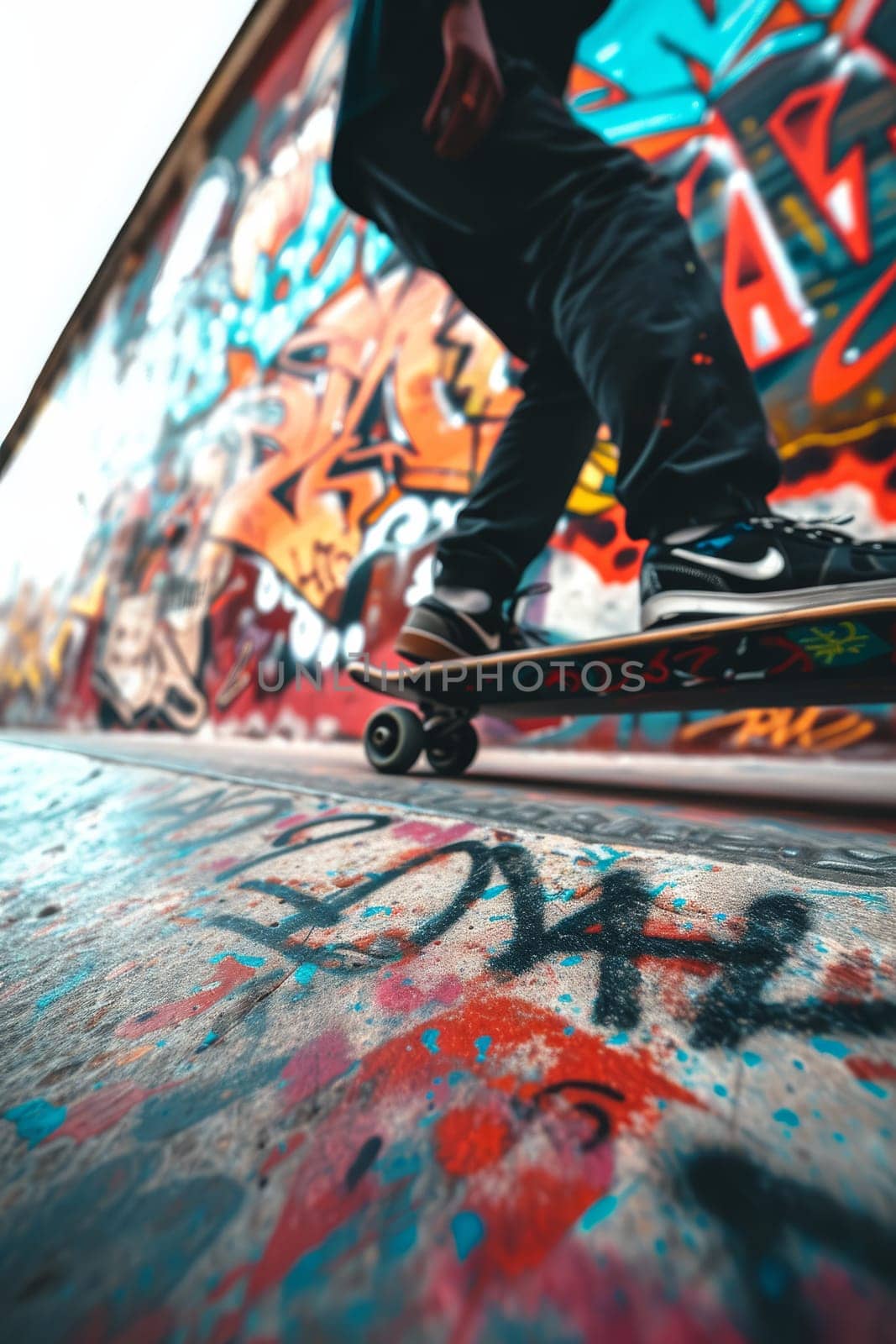 Skateboarder performing a trick with a graffiti backdrop, capturing the essence of street culture