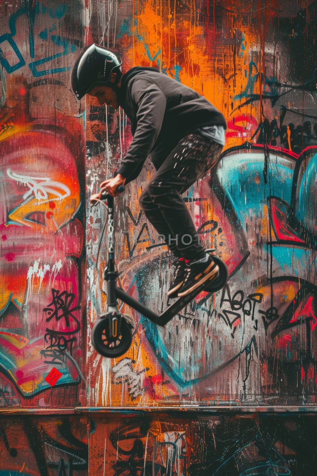 A scooter rider mid-air performing a trick against a colorful graffiti wall