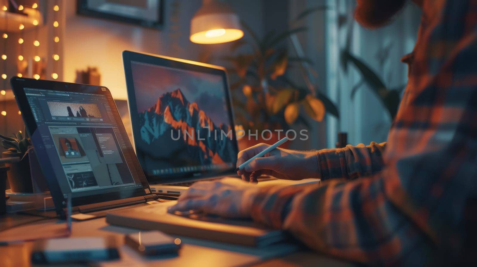 Digital artist's workspace captured at night, featuring glowing screens and a cozy, plant-filled environment