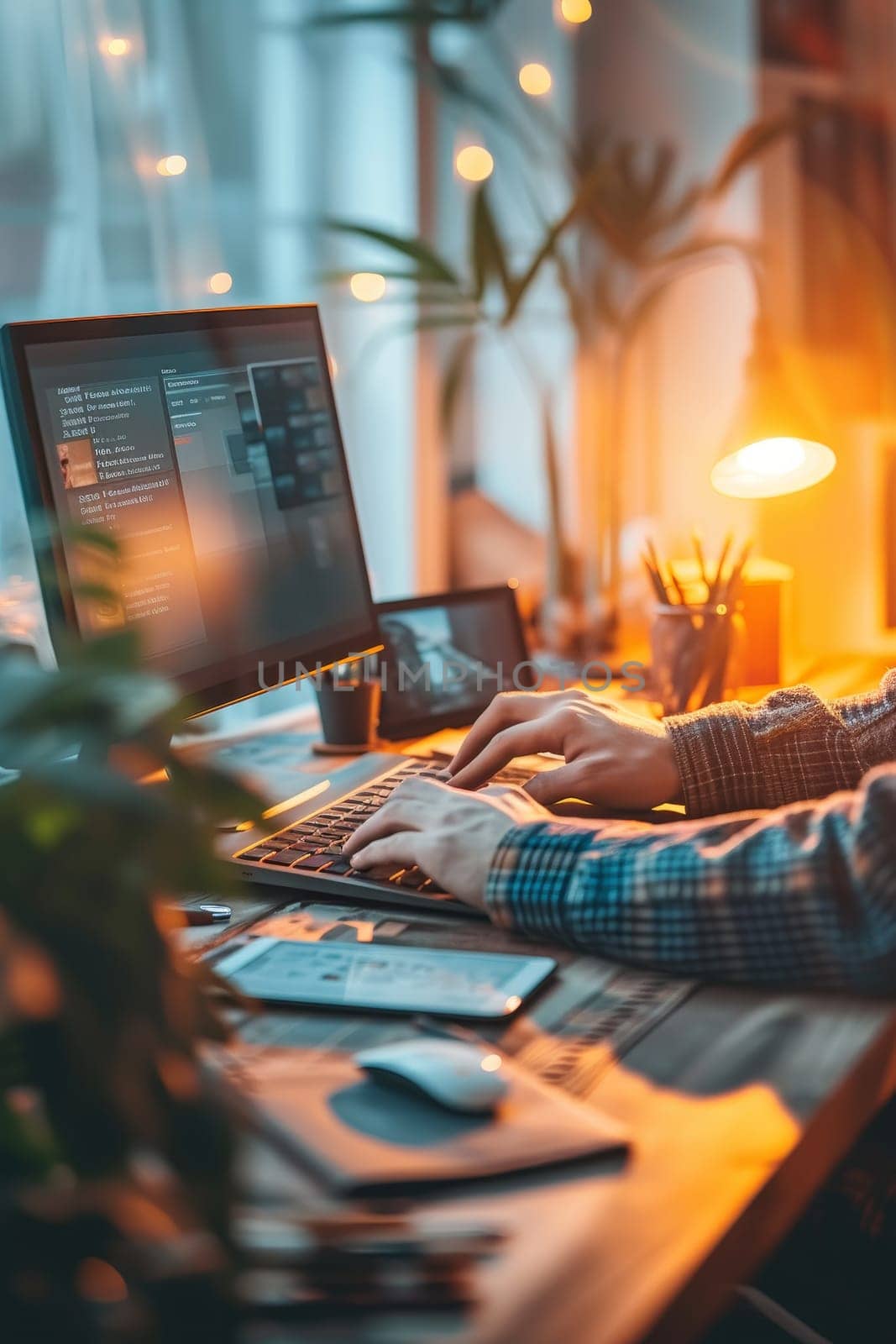 Cozy and well-lit home office space adorned with abundant plant life and modern technology