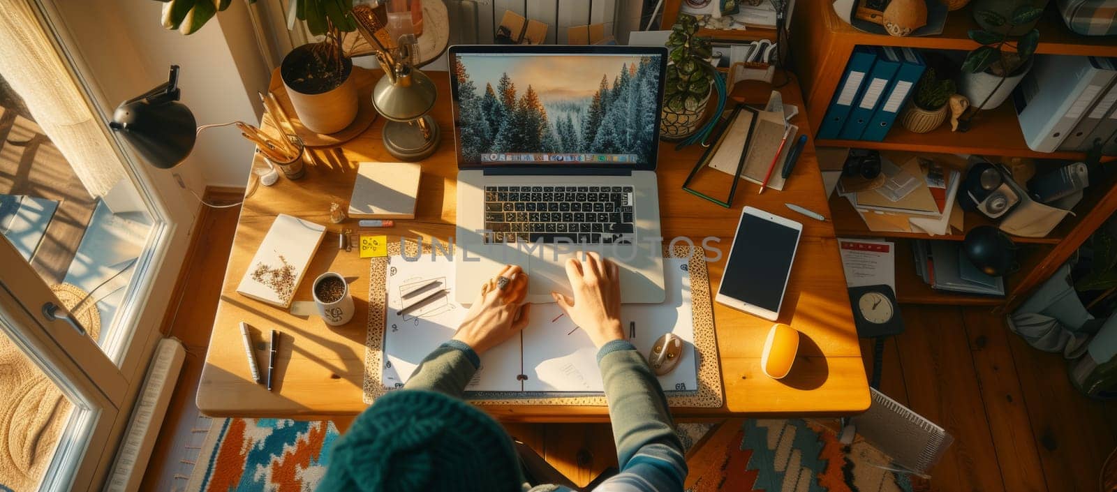 Sunlit home office with an open laptop and notepad, a symbol of remote work life