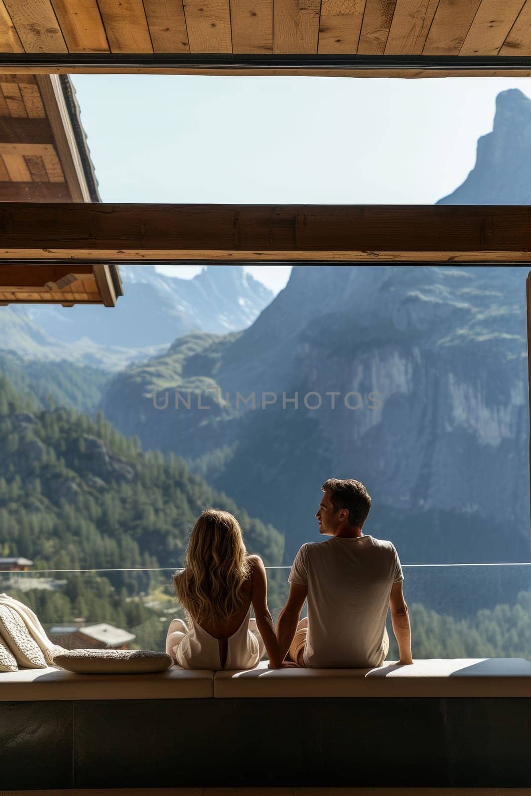 Couple in an infinity pool enjoying a panoramic mountain view in a winter landscape