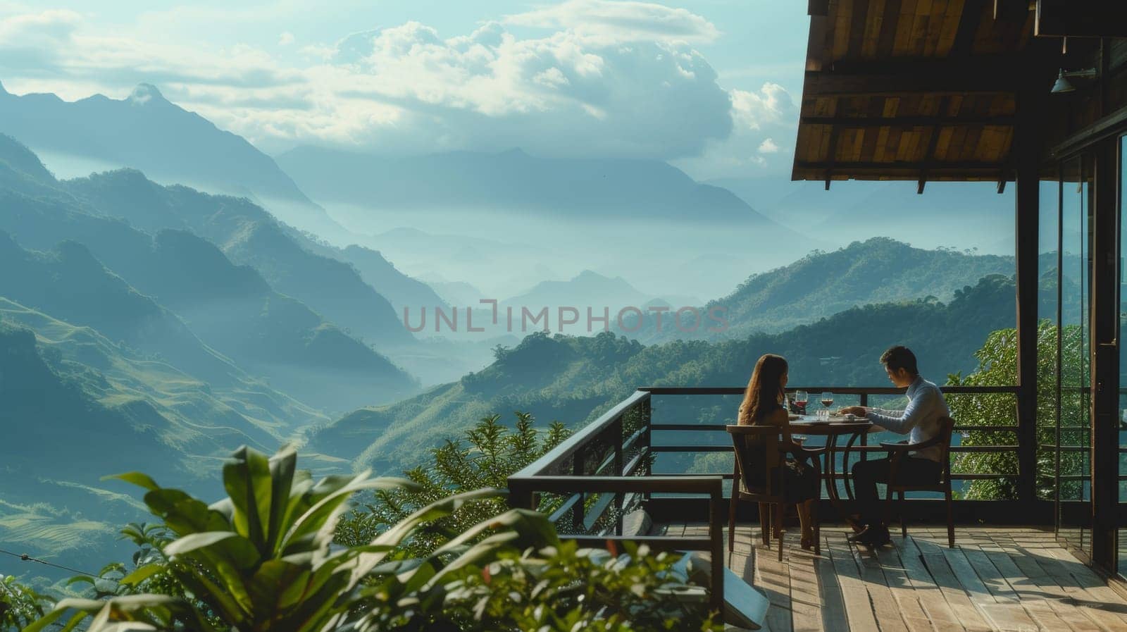 Couple dining against a breathtaking mountain backdrop, a moment of alpine serenity