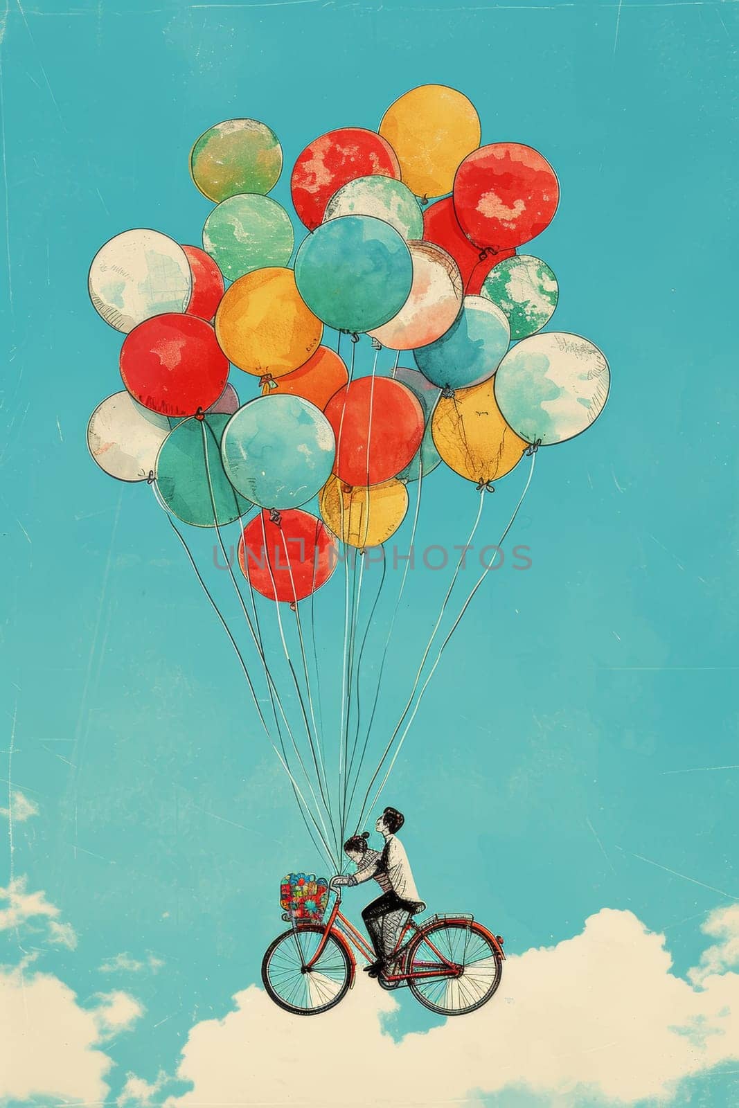 Couple on a bicycle lifted by colorful balloons, evoking whimsy and adventure in a watercolor scene