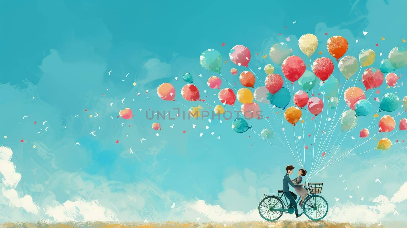 Couple on a bicycle lifted by colorful balloons, evoking whimsy and adventure in a watercolor scene
