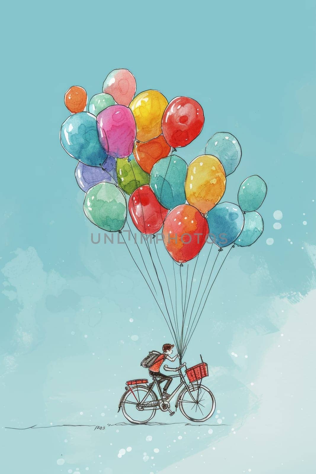 Illustration of a man on a bicycle with a basket, lifted by a bouquet of vibrant balloons against a blue sky