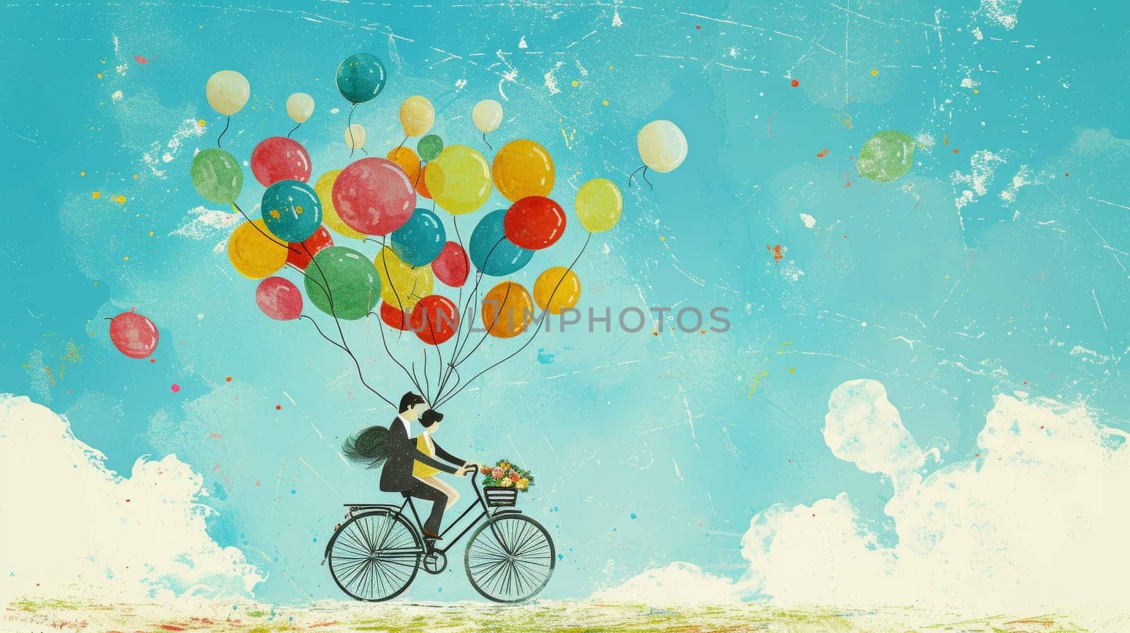 Couple on a bicycle lifted by colorful balloons, evoking whimsy and adventure in a watercolor scene