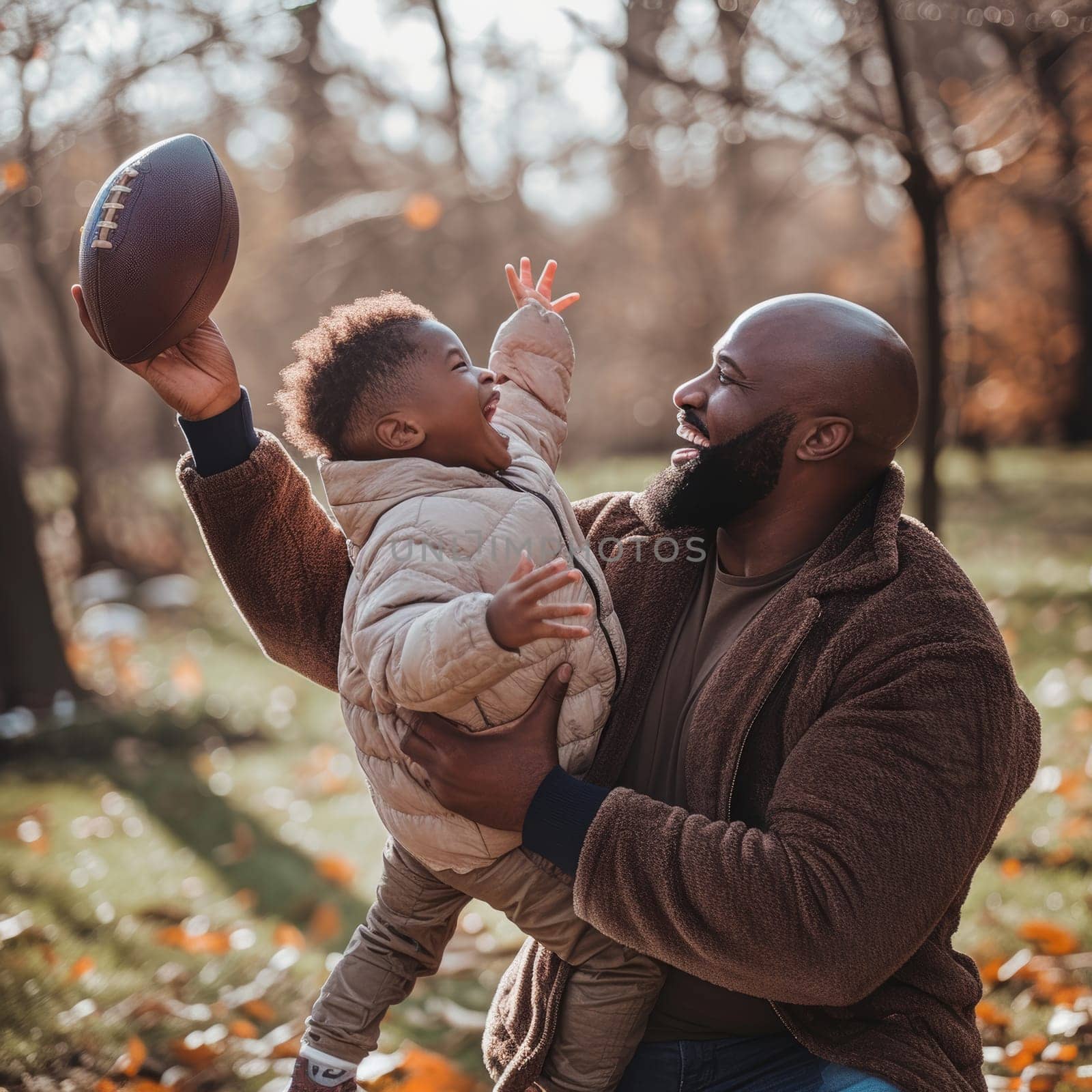 Father and son sharing a joyous moment playing football on a sunny day