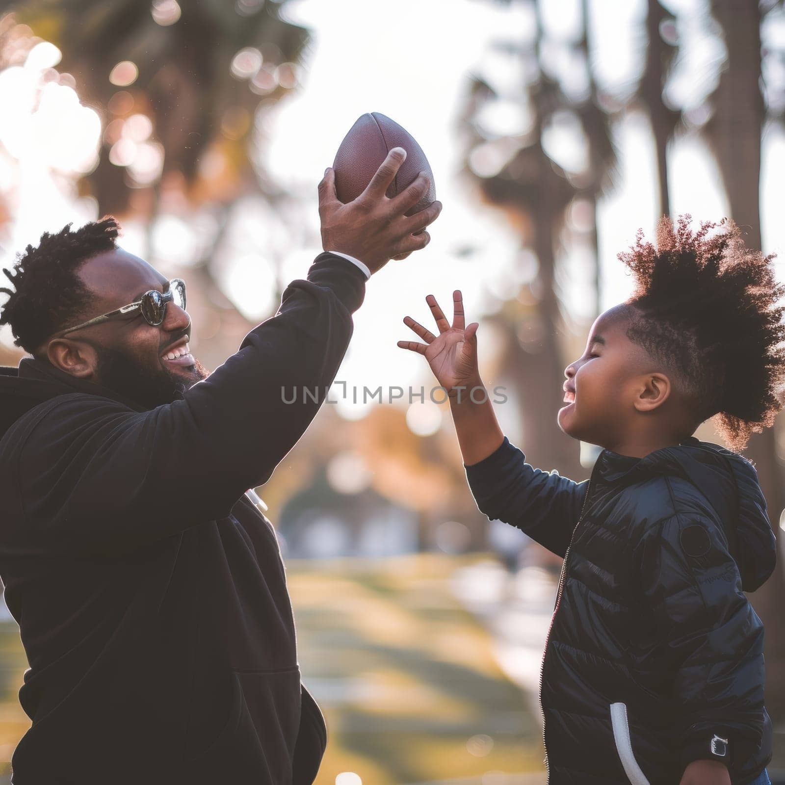 Father and son sharing a joyous moment playing football on a sunny day