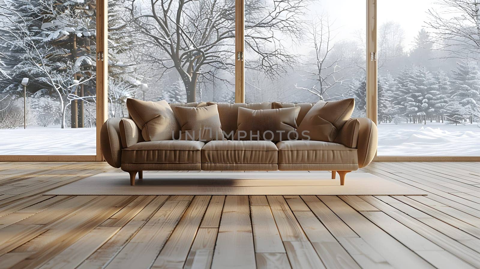 A cozy living room with a hardwood floor, a comfortable couch, and a view of a snowy forest through the rectangular windows