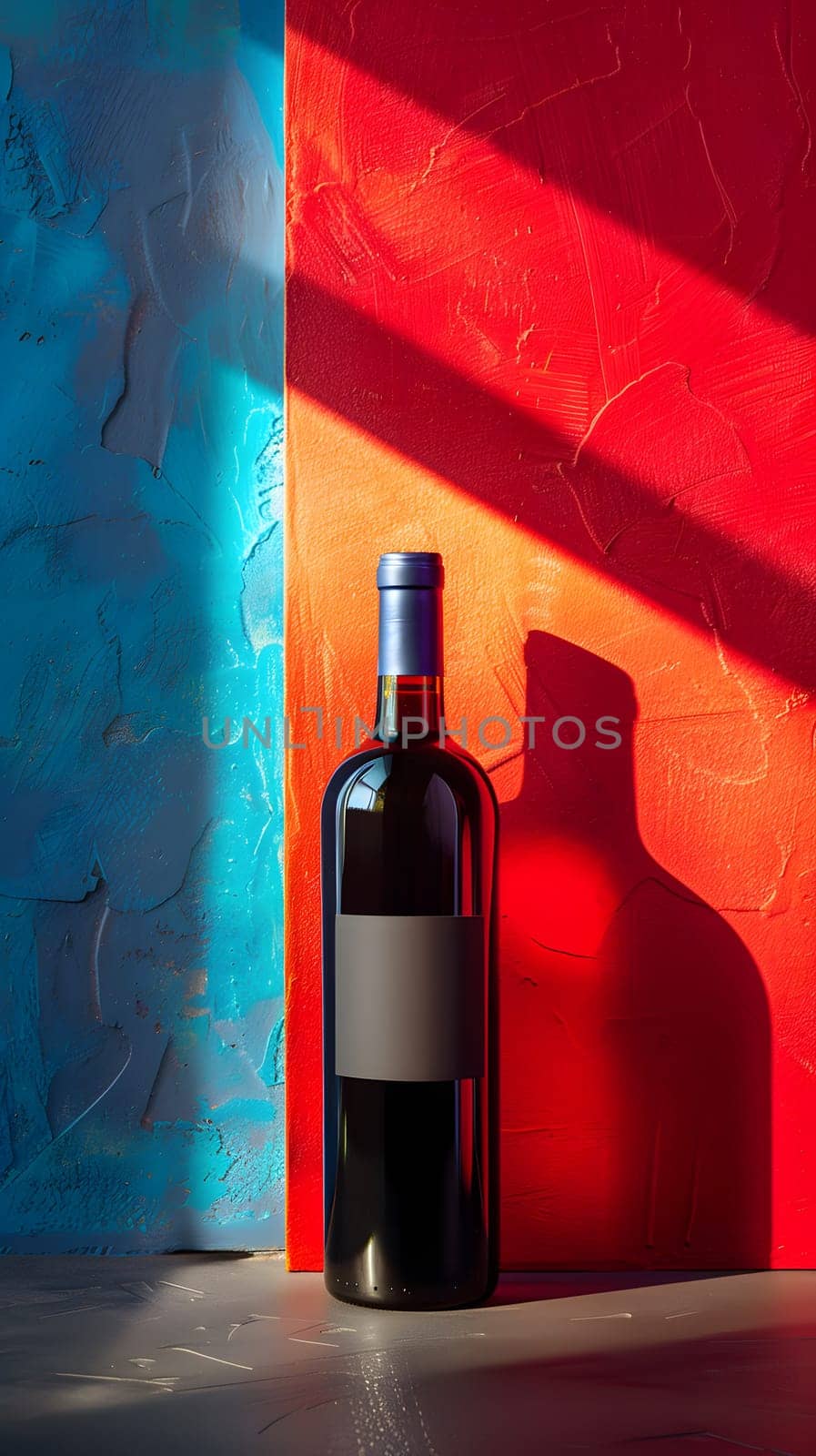 A glass bottle of wine with a cork stopper is placed on a table, set against a backdrop of a red and blue wall. The bottle stopper saver keeps the liquid in the bottle fresh