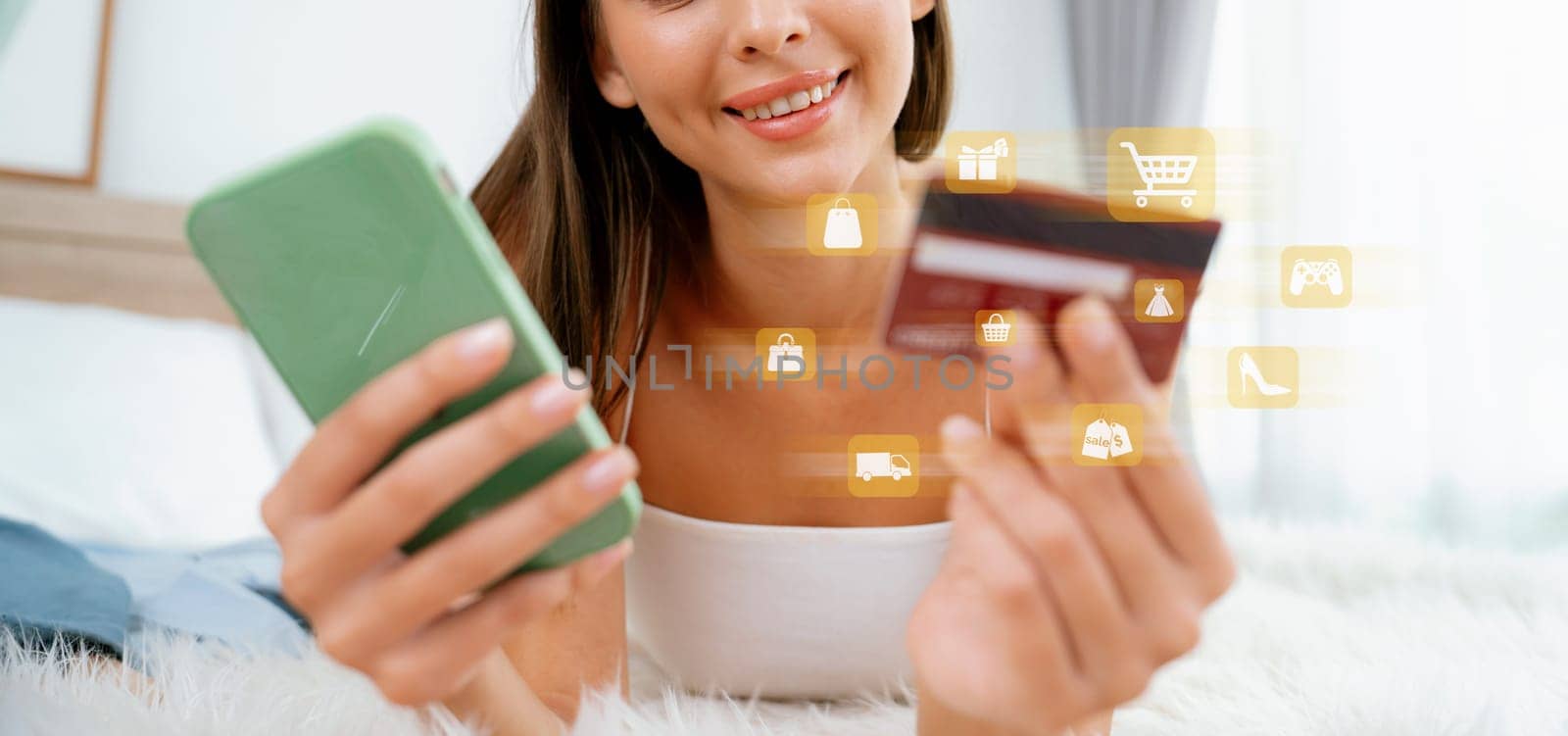 Consumer holding credit card typing phone shopping online inventory. Cybercash. by biancoblue