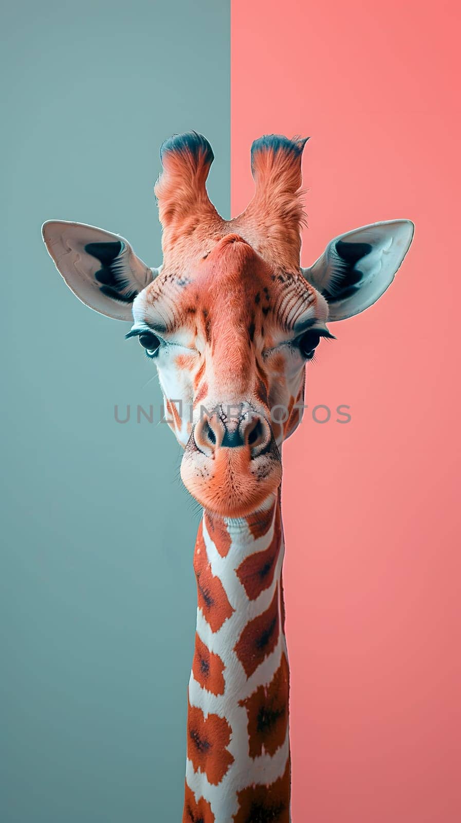 Giraffidaes head on pink and blue backdrop, making eye contact with camera by Nadtochiy