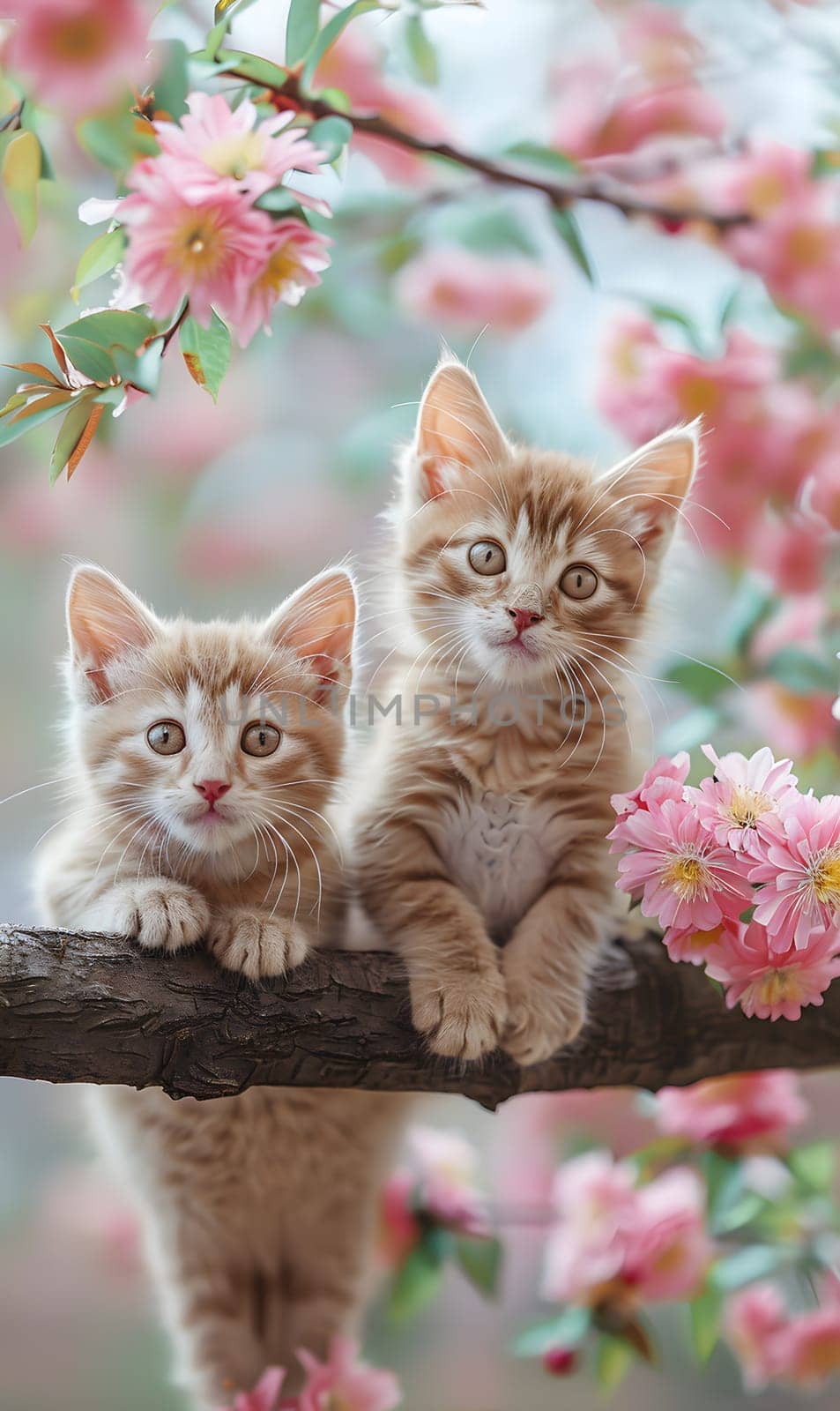 Two small to mediumsized cats from the Felidae family, known as kittens, are perched on a tree branch with pink flowers surrounding them