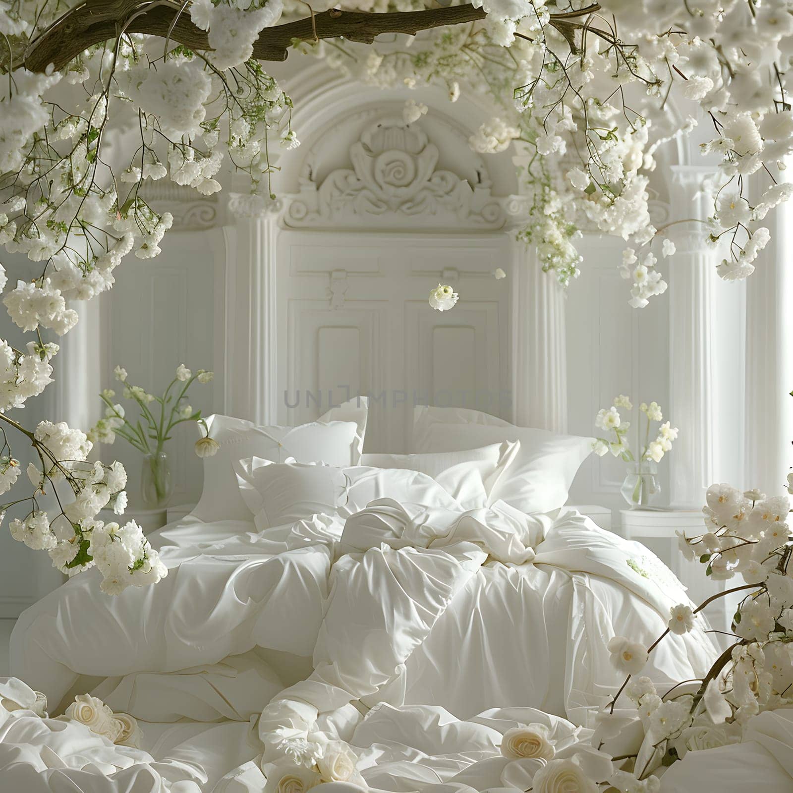 A bed with white sheets and pillows placed under a tree with white flowers, creating a serene and beautiful outdoor decoration with a touch of nature