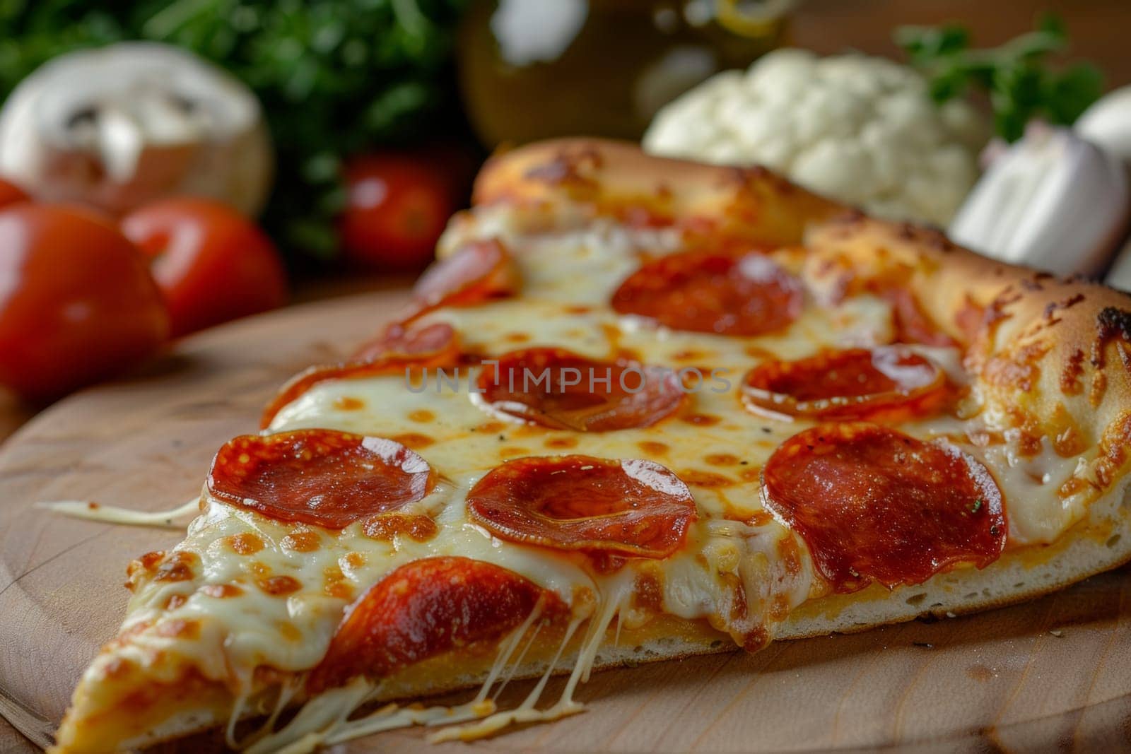 Close up of delicious pepperoni pizza slice over wooden table by papatonic