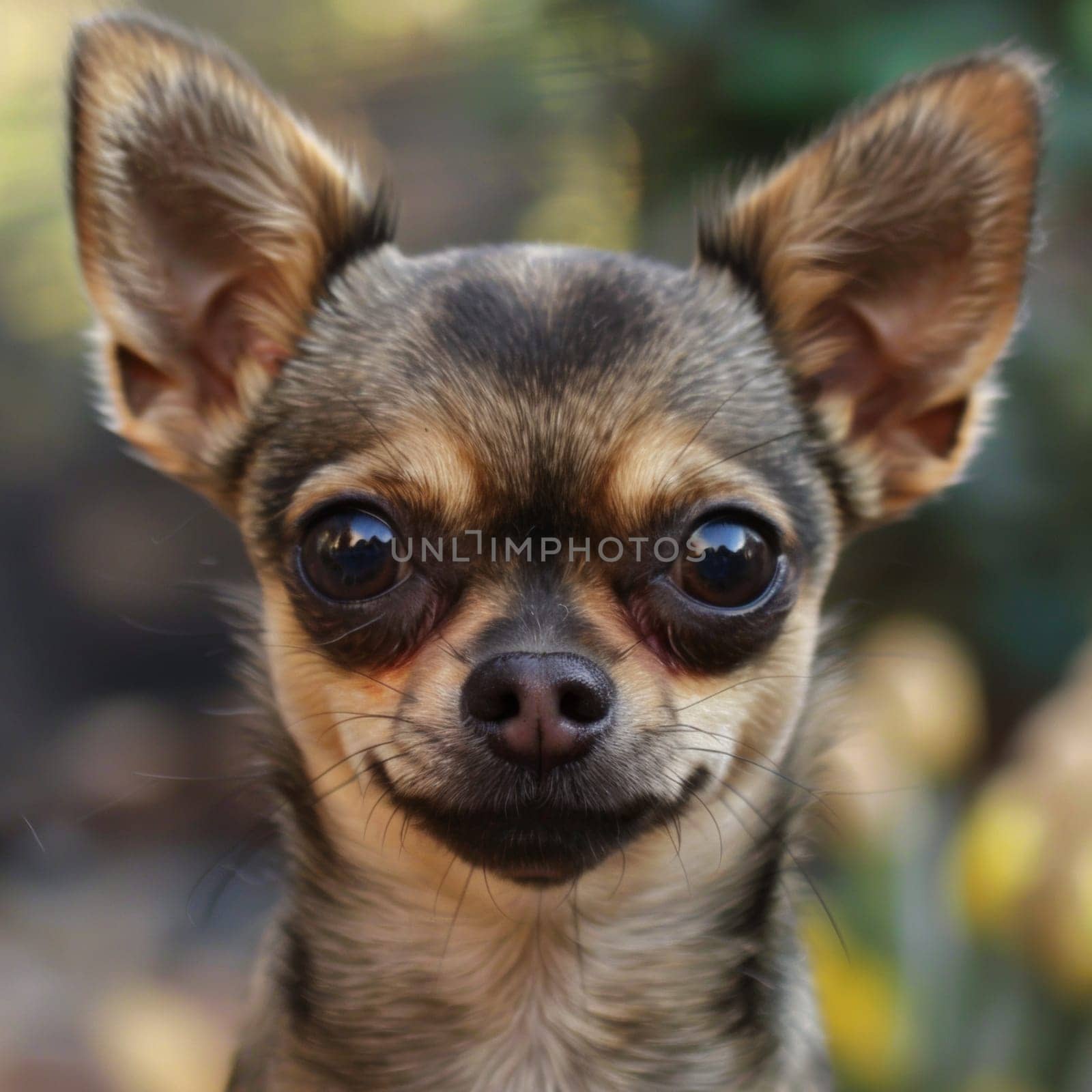 Headshot of a chihuahua dog looking at camera.