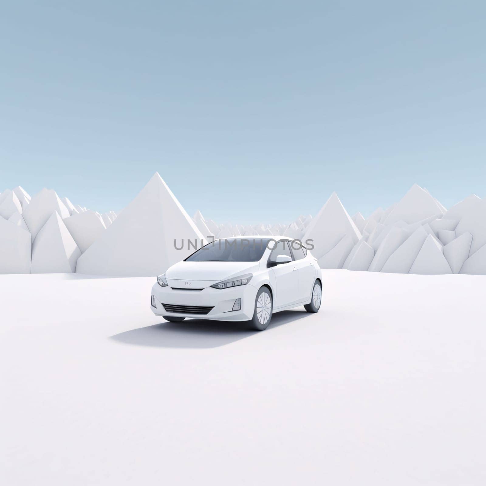 Car in snowy mountains. 3D rendering. White car on snow by ThemesS