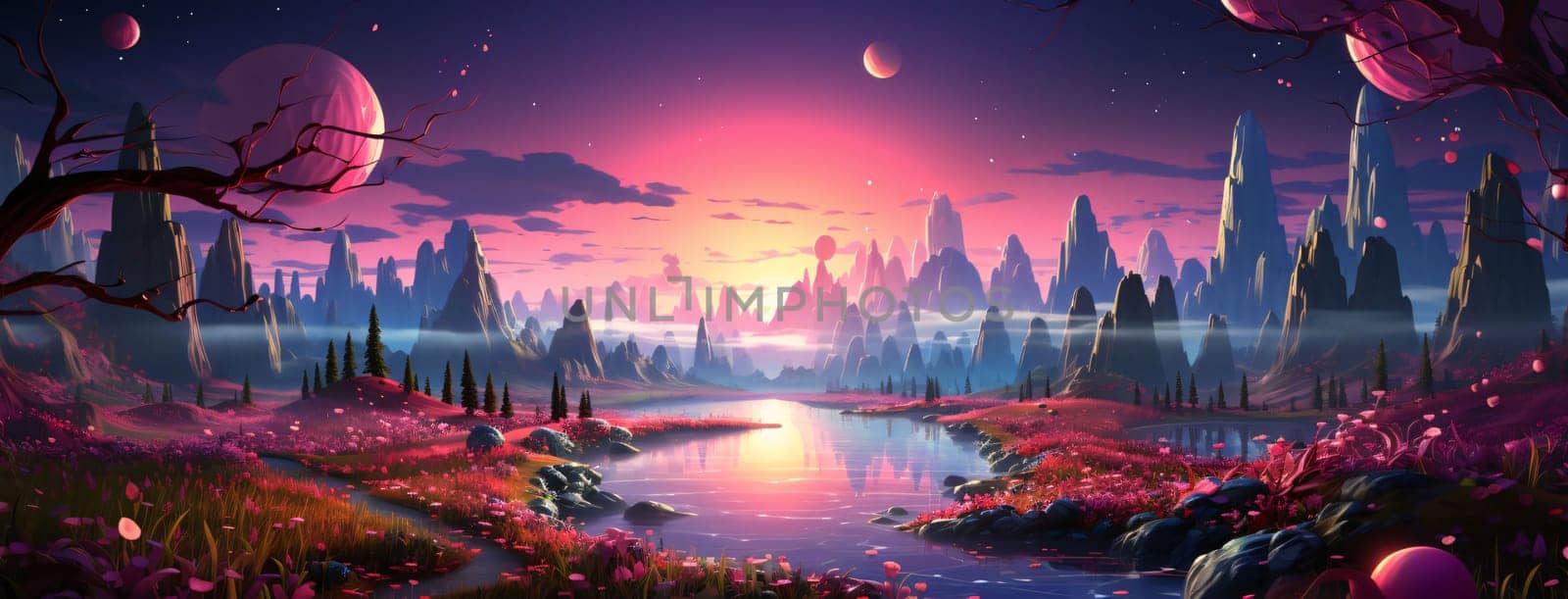 Banner: Fantasy landscape with fantasy planet, moon and stars. 3d illustration