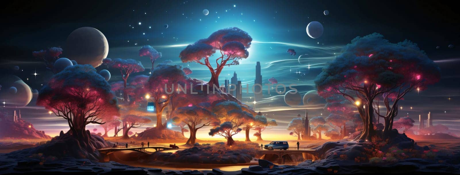 Banner: Fantasy alien planet in the night. 3D illustration. Elements of this image furnished by NASA